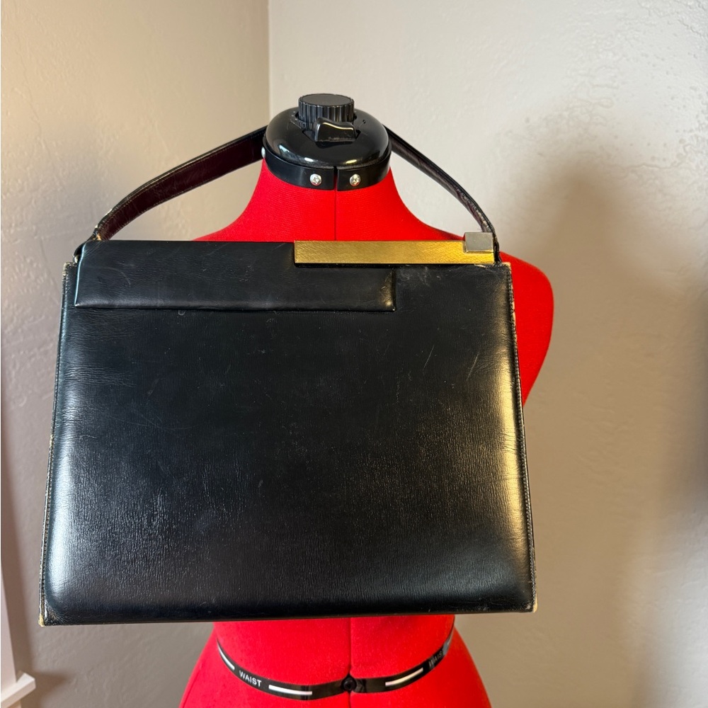Vintage Original by Capri Black Leather Clutch with Gold Bar Top Handle